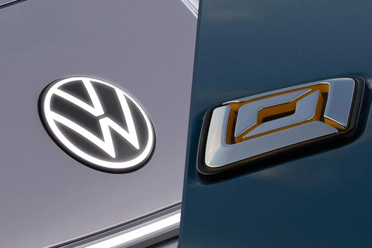 vw rivian logos 2er collage 2024