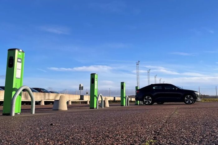 Swedavia ev charging at green chargers in parking lot virta