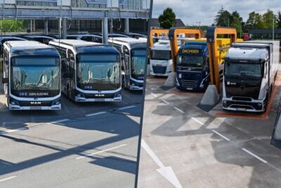 Man elektrobus electric bus milence ladestation charging station e lkw electric truck hintergrund background collage min